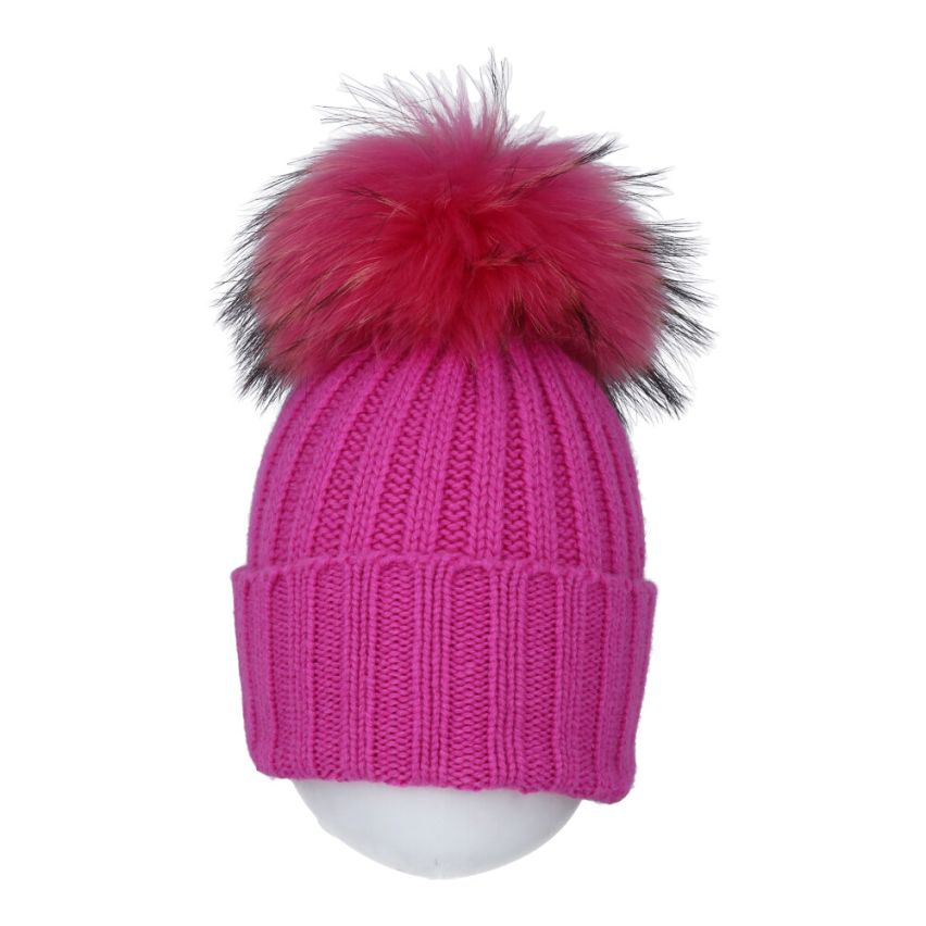 berretto in lana e misto cashmere rosso con pompon in pelliccia di Murmasky